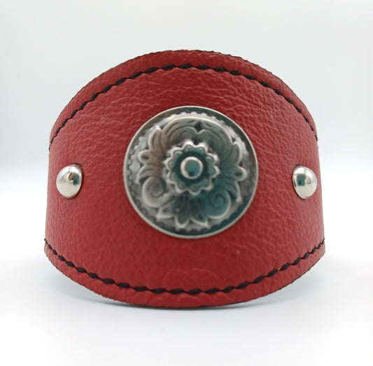 Scalloped Leather Cuff in Red - 007