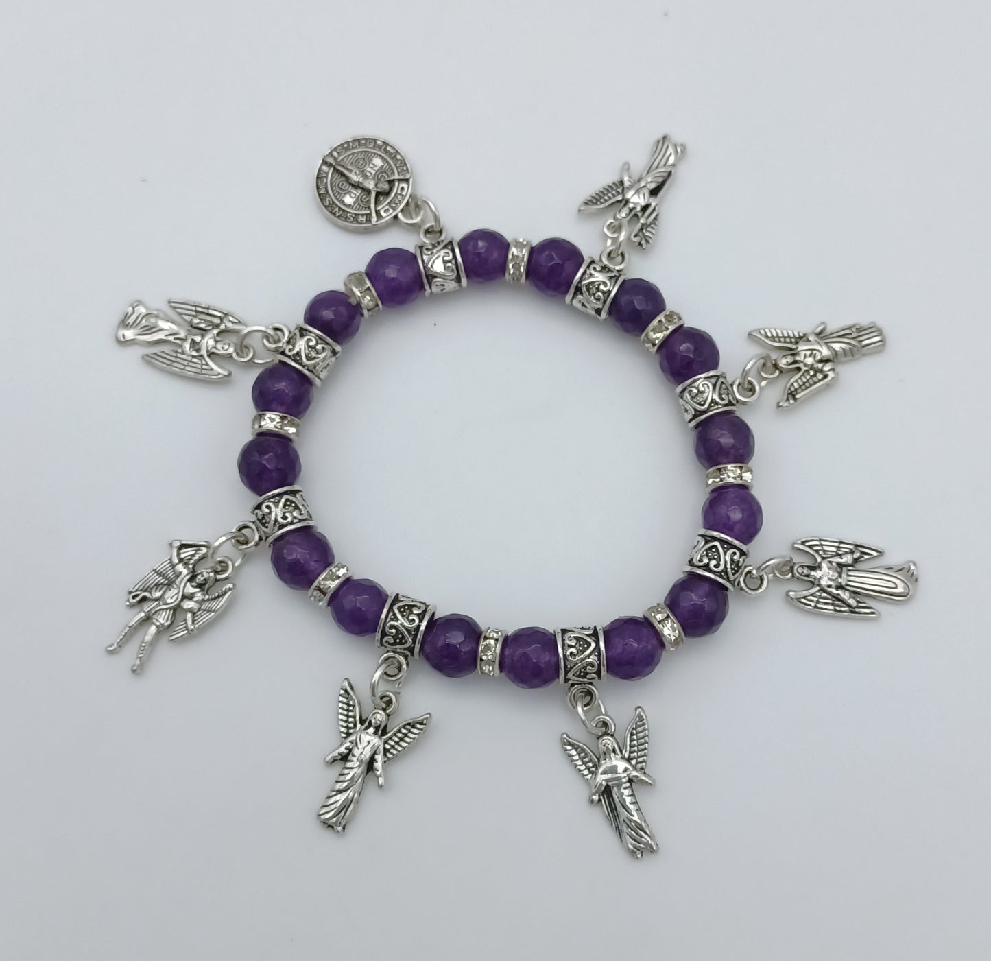 Seven Archangels and St Benedict stretchy charm bracelet in pewter with genuine stones