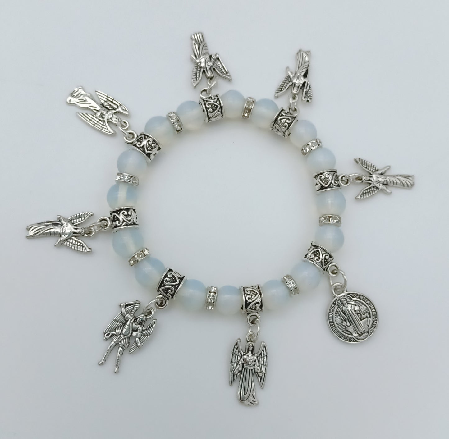 Seven Archangels and St Benedict stretchy charm bracelet in pewter with genuine stones