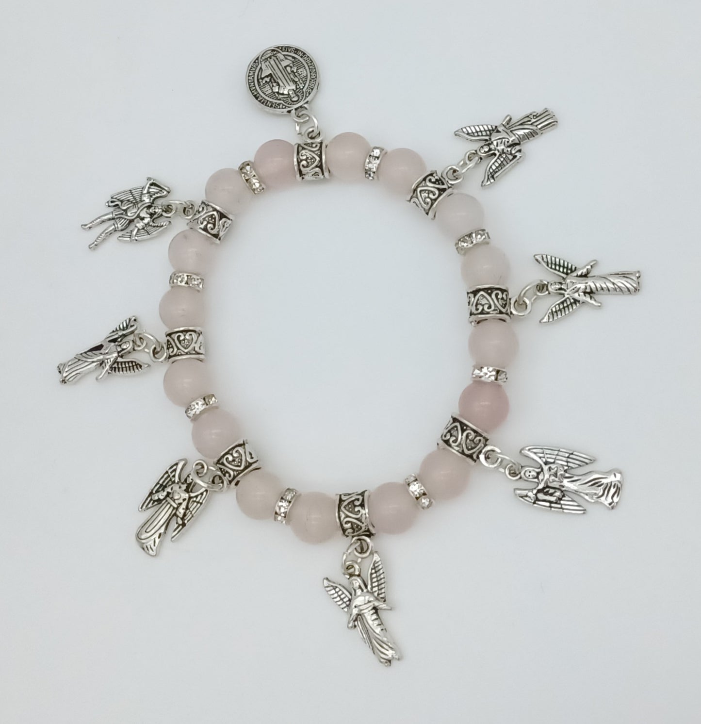 Seven Archangels and St Benedict stretchy charm bracelet in pewter with genuine stones