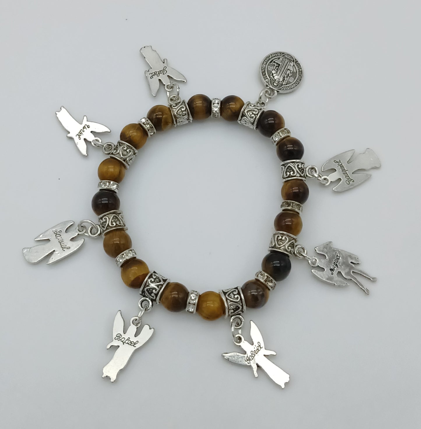 Seven Archangels and St Benedict stretchy charm bracelet in pewter with genuine stones