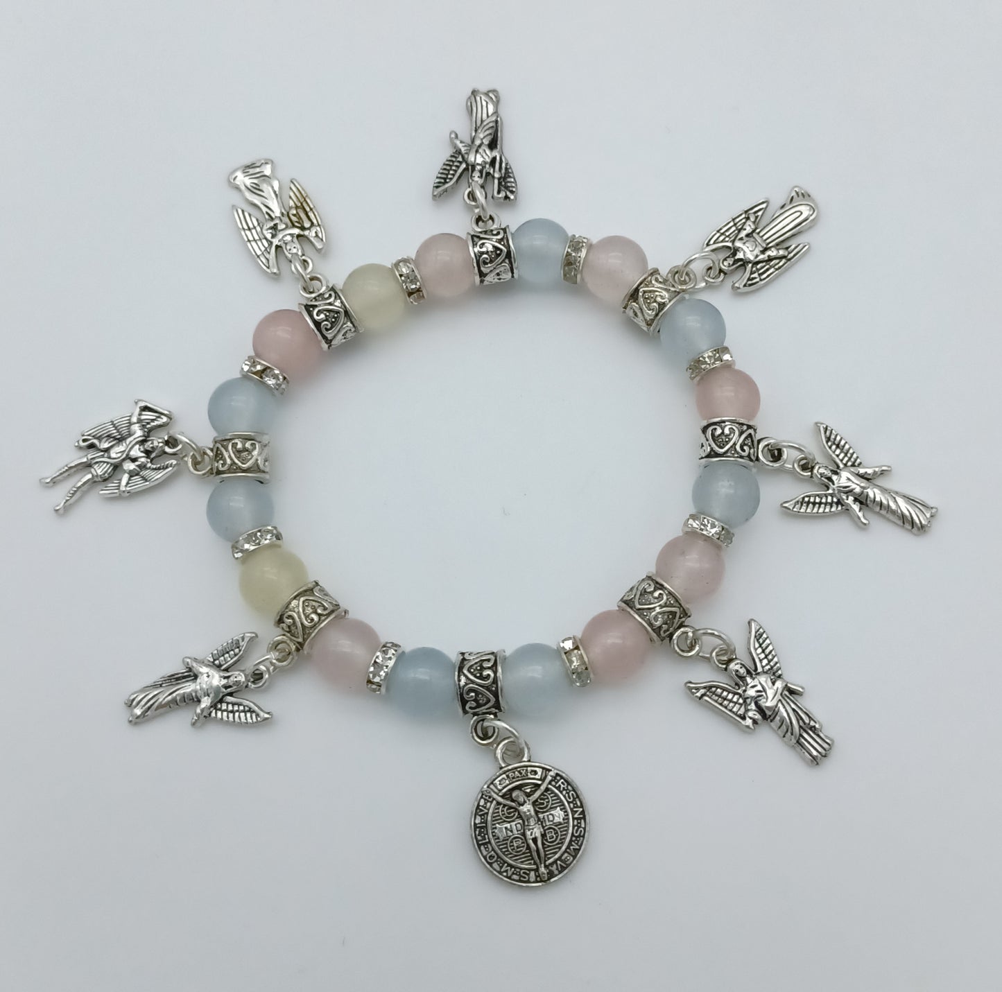 Seven Archangels and St Benedict stretchy charm bracelet in pewter with genuine stones