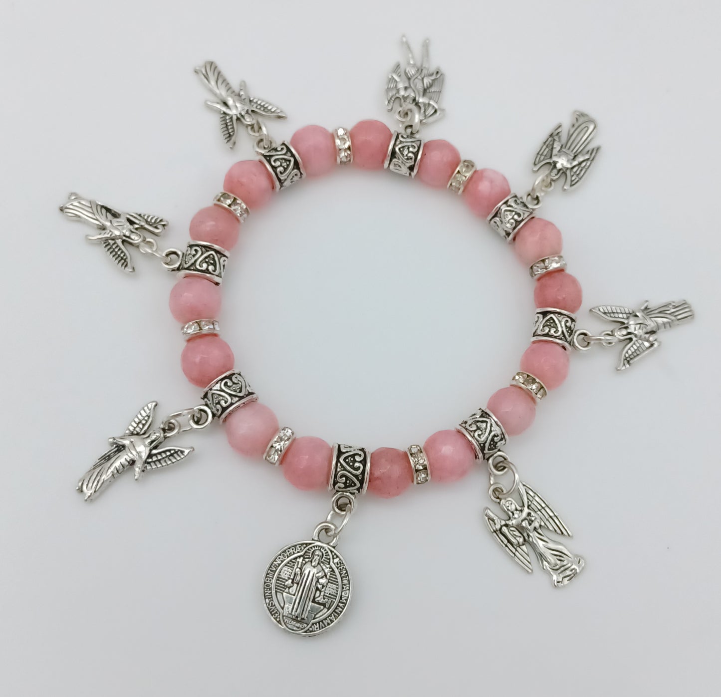 Seven Archangels and St Benedict stretchy charm bracelet in pewter with genuine stones