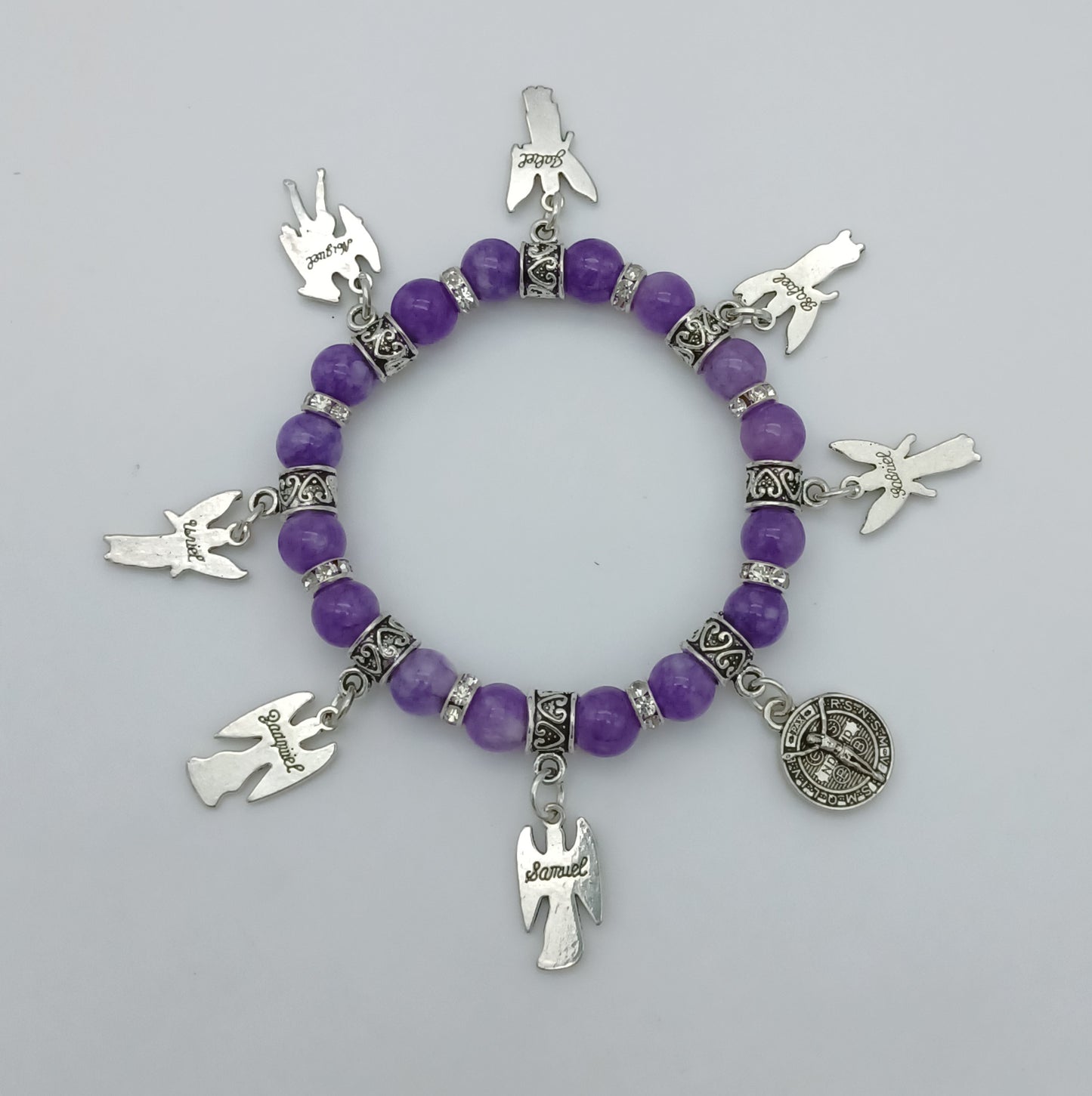 Seven Archangels and St Benedict stretchy charm bracelet in pewter with genuine stones