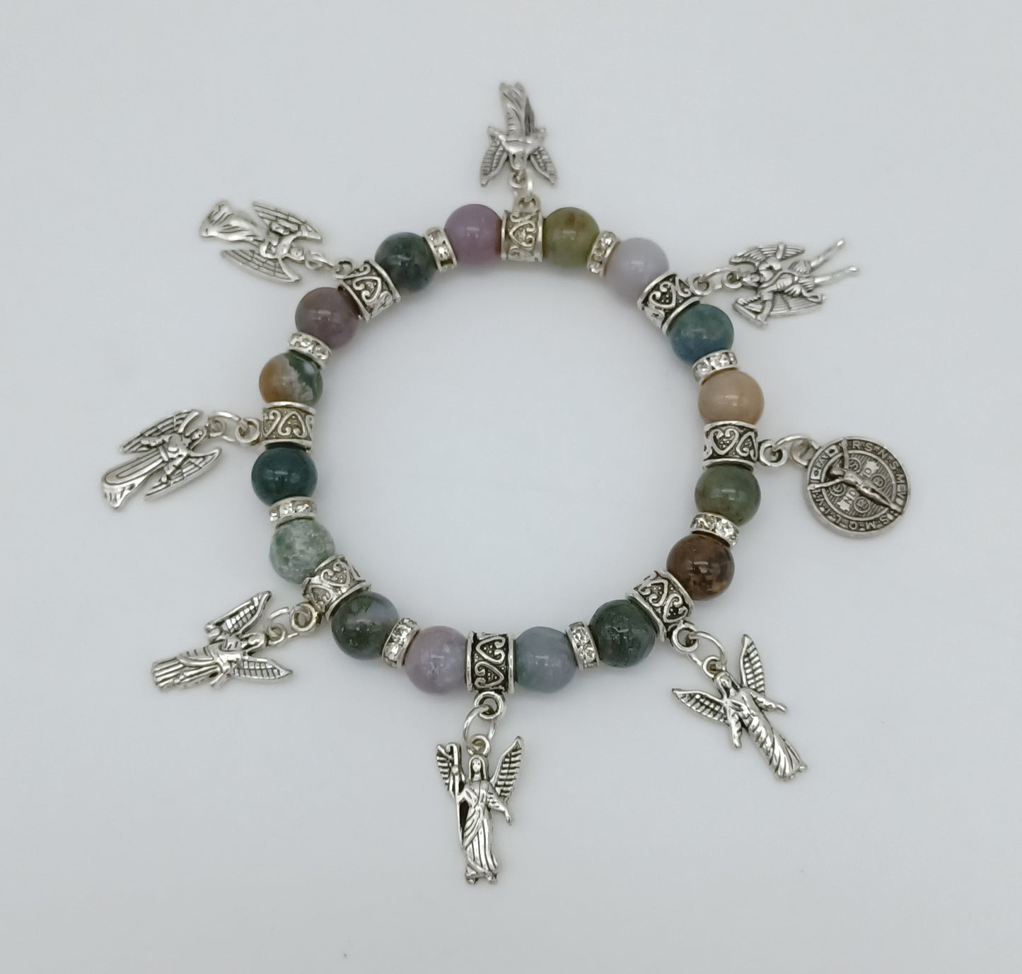 Seven Archangels and St Benedict stretchy charm bracelet in pewter with genuine stones