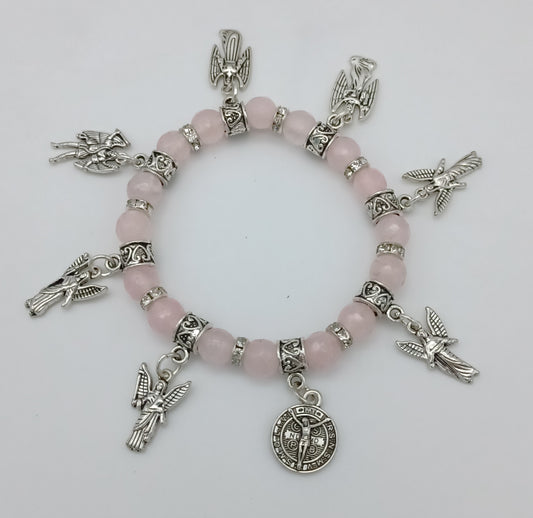 Seven Archangels and St Benedict stretchy charm bracelet in pewter with genuine stones