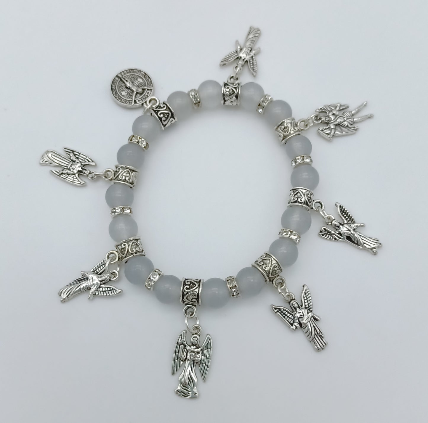 Seven Archangels and St Benedict stretchy charm bracelet in pewter with genuine stones