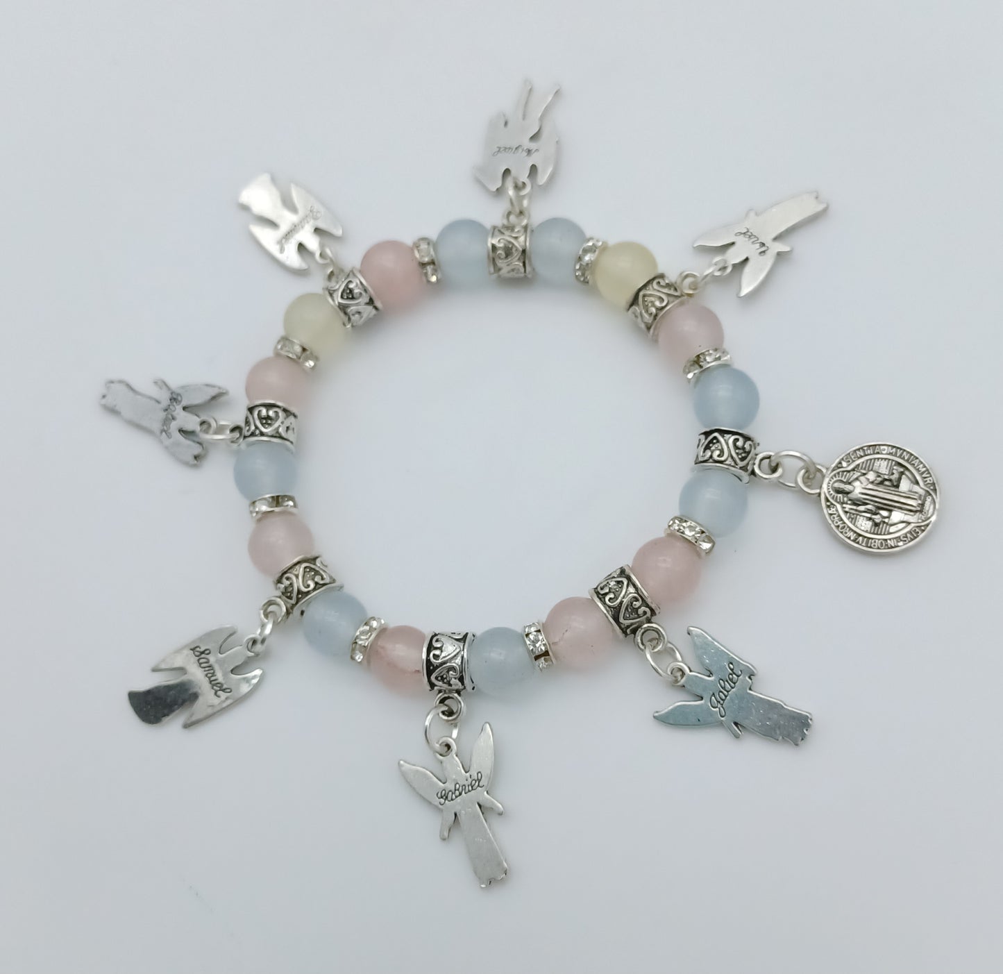 Seven Archangels and St Benedict stretchy charm bracelet in pewter with genuine stones