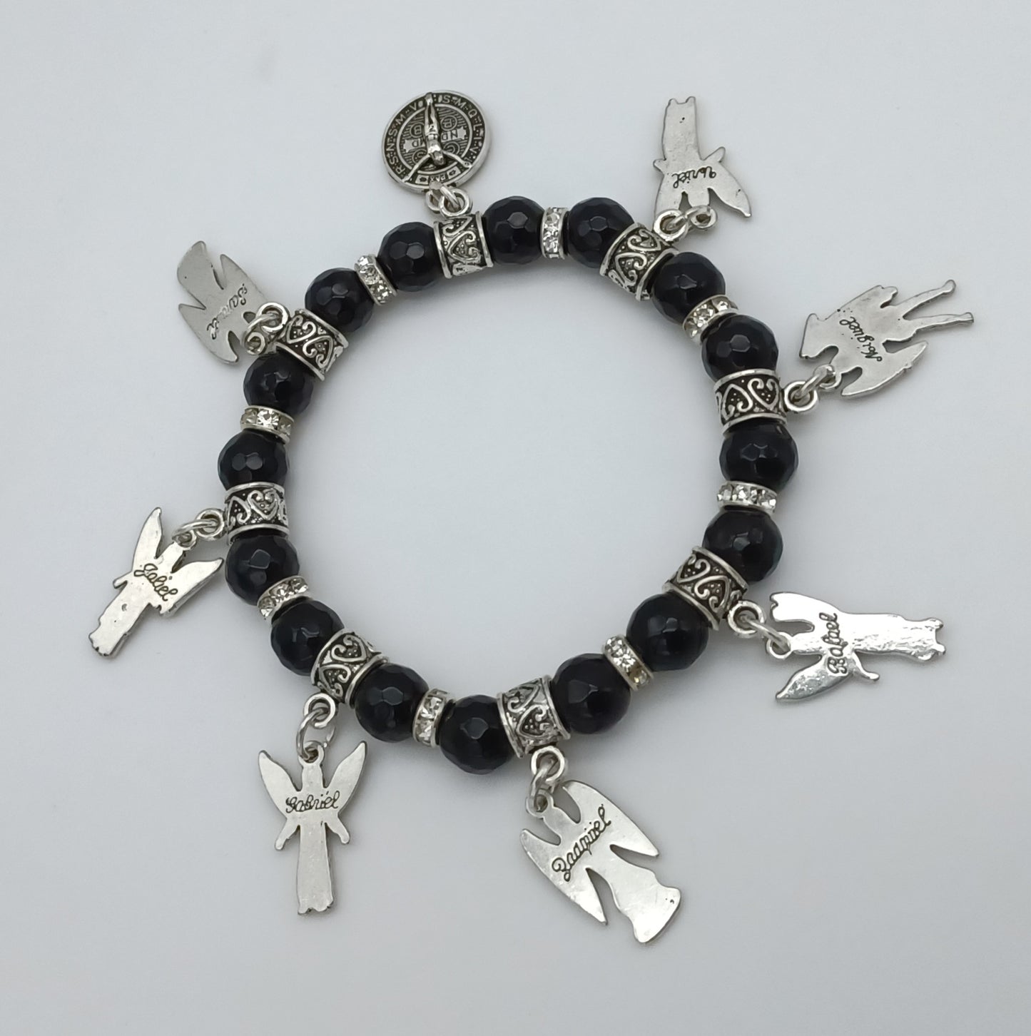 Seven Archangels and St Benedict stretchy charm bracelet in pewter with genuine stones