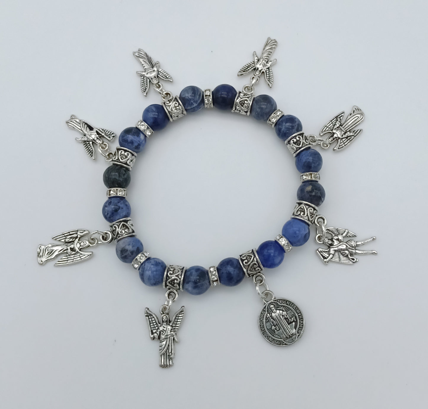 Seven Archangels and St Benedict stretchy charm bracelet in pewter with genuine stones