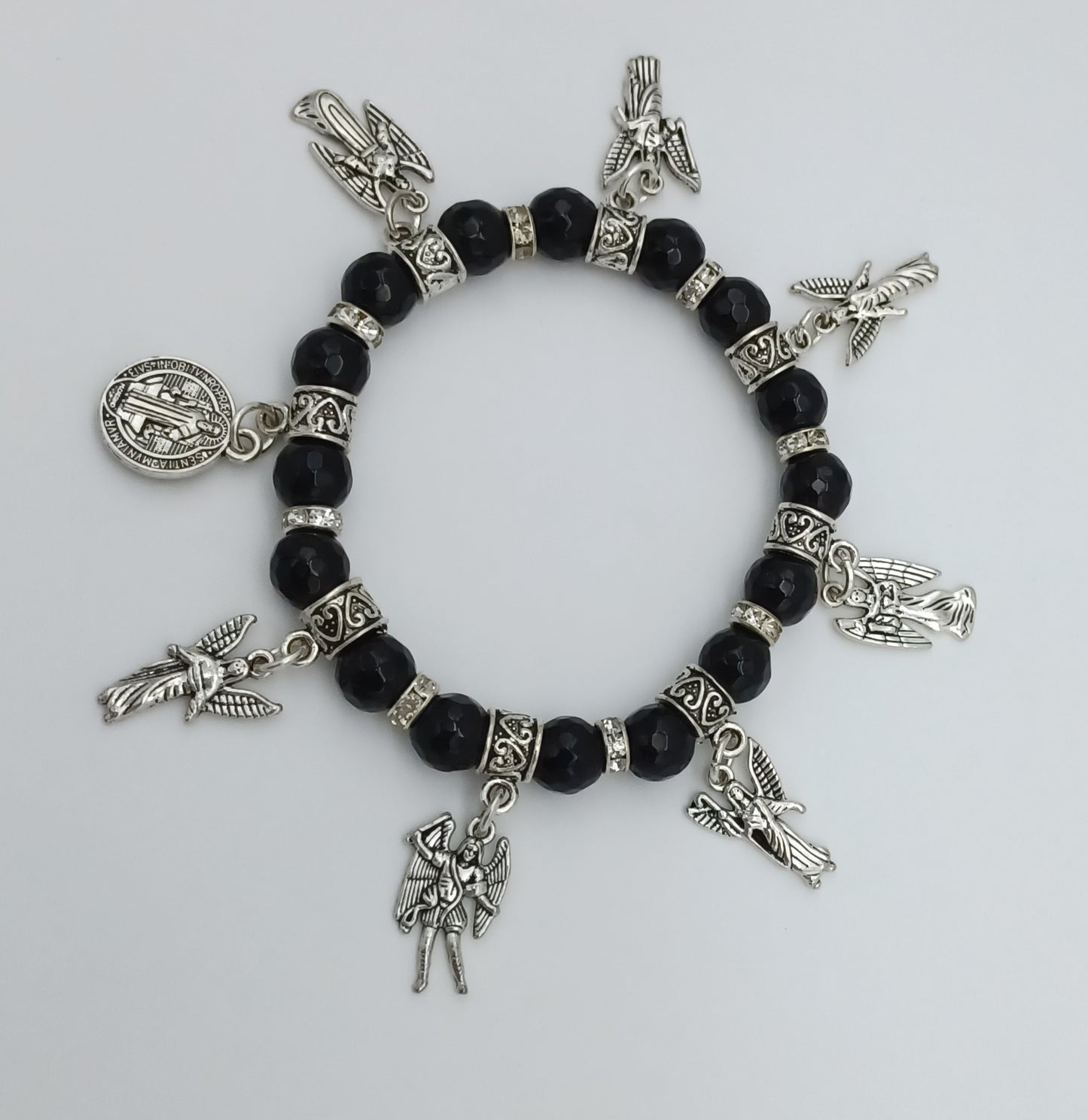 Seven Archangels and St Benedict stretchy charm bracelet in pewter with genuine stones