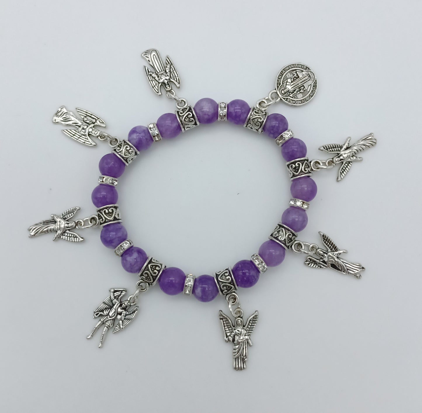 Seven Archangels and St Benedict stretchy charm bracelet in pewter with genuine stones