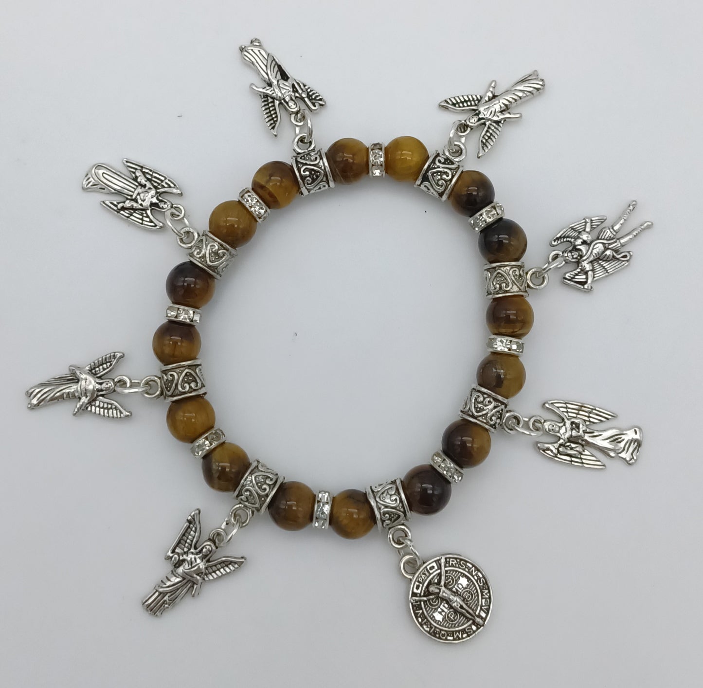 Seven Archangels and St Benedict stretchy charm bracelet in pewter with genuine stones