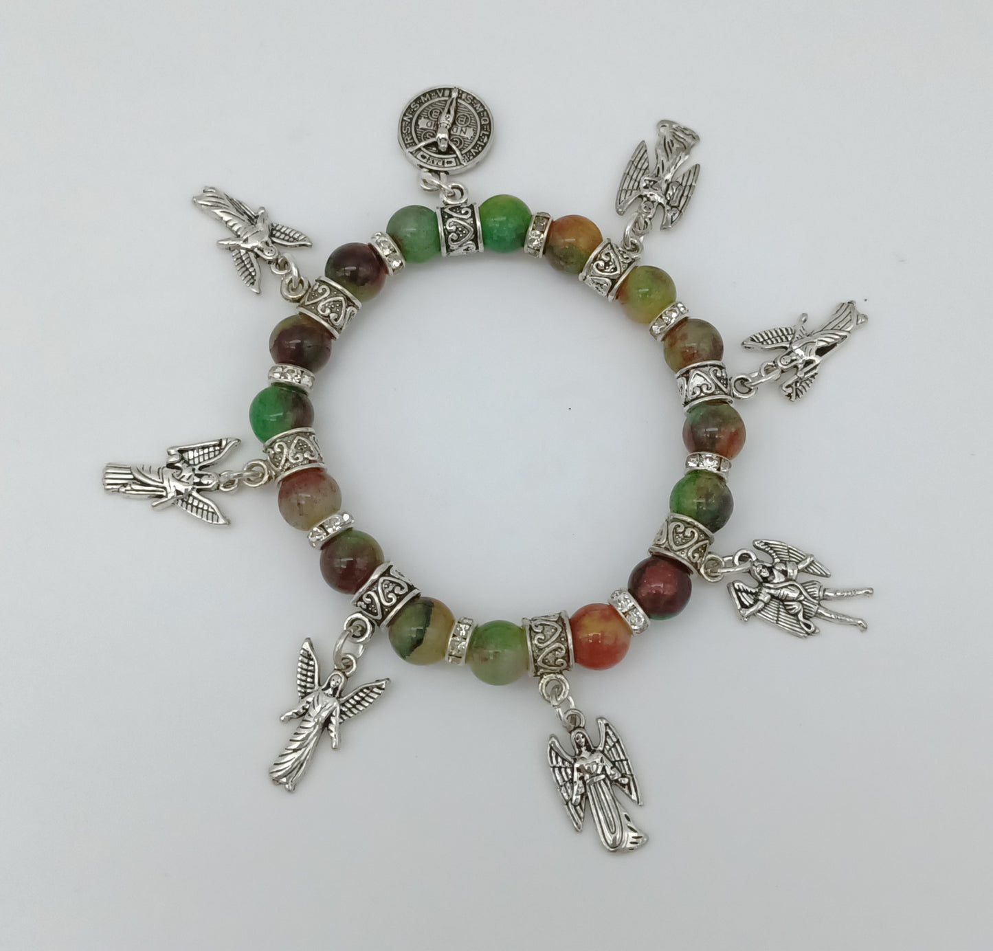 Seven Archangels and St Benedict stretchy charm bracelet in pewter with genuine stones