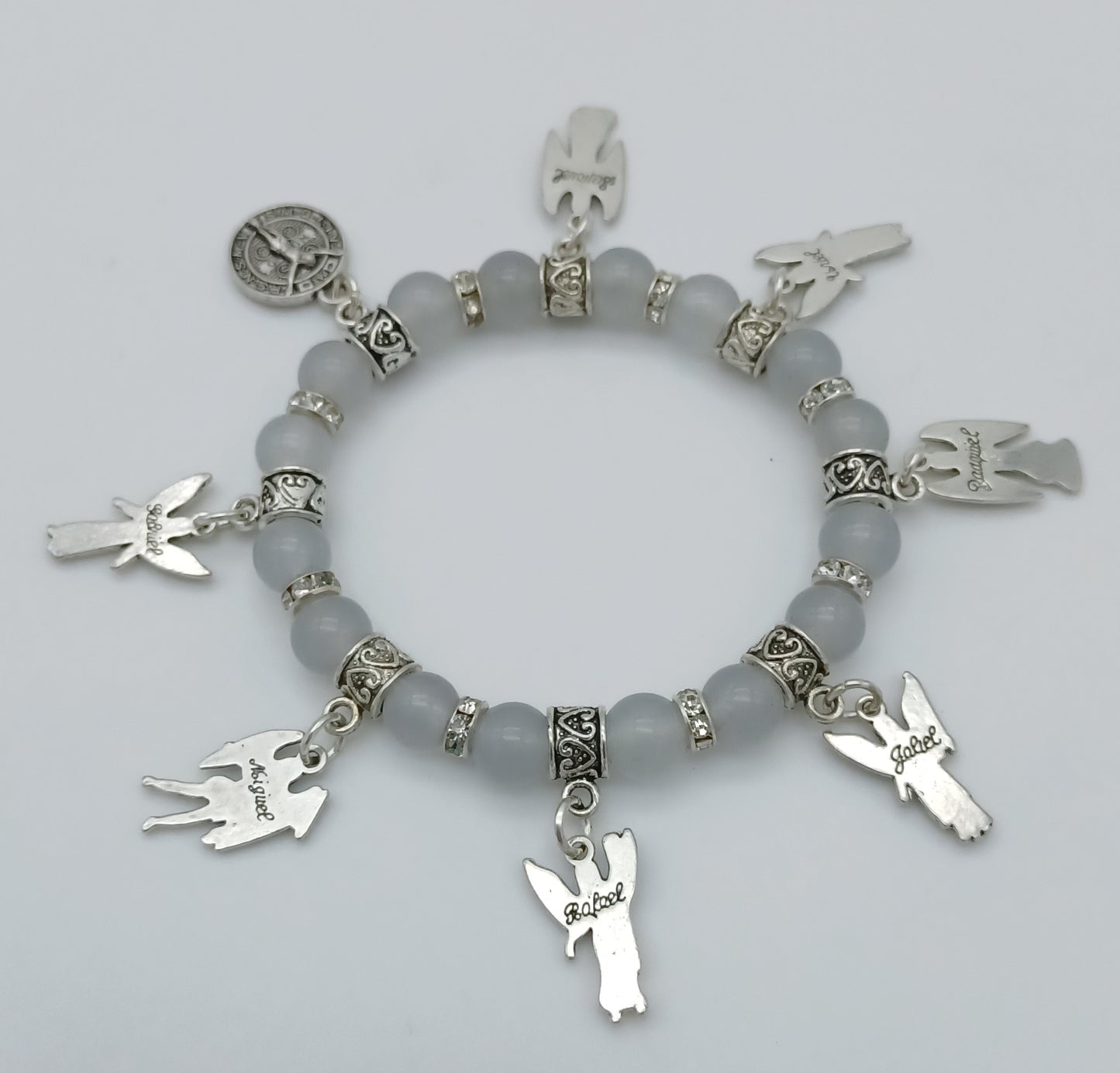 Seven Archangels and St Benedict stretchy charm bracelet in pewter with genuine stones