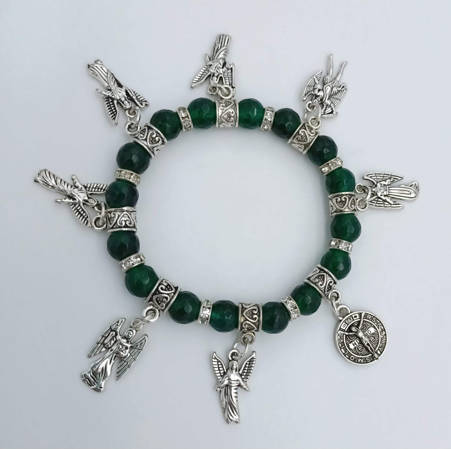 Seven Archangels and St Benedict stretchy charm bracelet in pewter with genuine stones