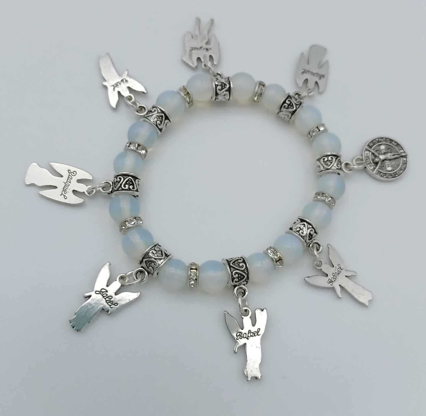 Seven Archangels and St Benedict stretchy charm bracelet in pewter with genuine stones